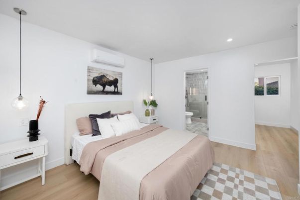 Bathroom, Bedroom, Glass Shower, Interior, Pendant Lights, Recessed Lighting, Wood Texture Flooring