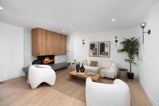 Fireplace, Interior, Living room, Recessed Lighting, Wood Texture Flooring