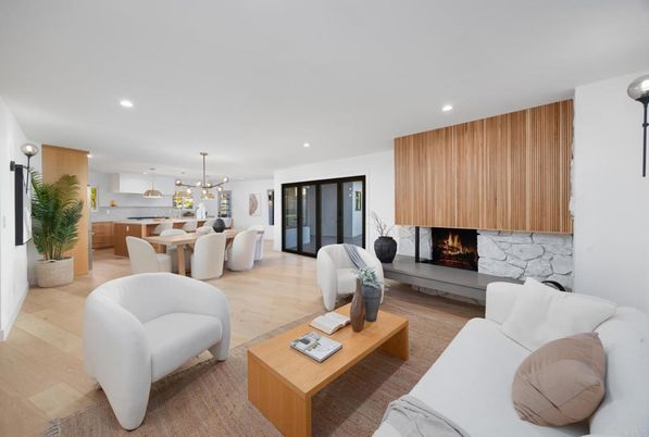 Dining room, Fireplace, Interior, Living room, Pendant Lights, Recessed Lighting, Wood Texture Flooring