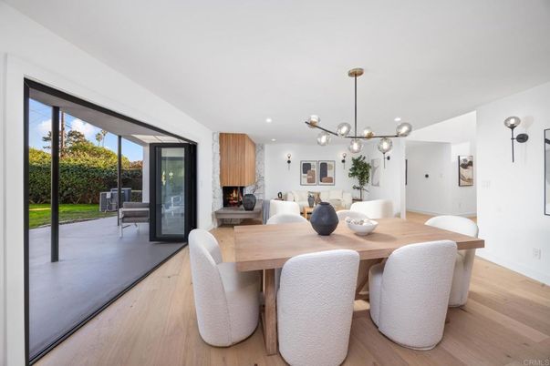 Dining room, Fireplace, Interior, Pendant Lights, Recessed Lighting, Wood Texture Flooring