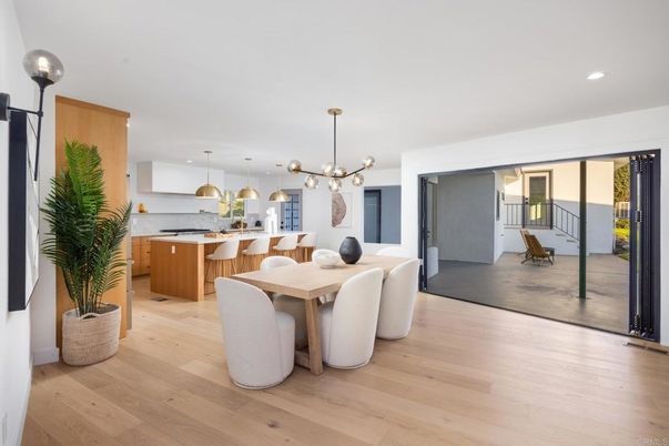 Dining room, Interior, Kitchen, Pendant Lights, Recessed Lighting, Wood Texture Flooring