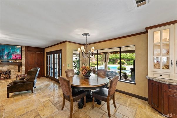 Chandelier, Dining room, Fireplace, Interior, Wooden Walls