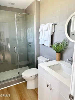 Bathroom, Glass Shower, Interior, Wood Texture Flooring
