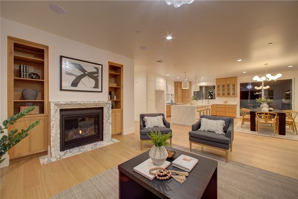 Dining room, Fireplace, Interior, Kitchen, Living room, Pendant Lights, Recessed Lighting, Wood Texture Flooring
