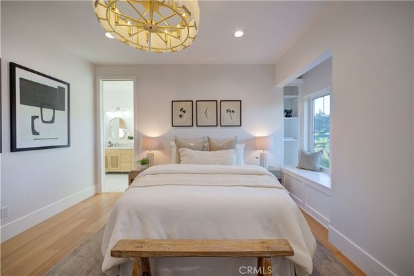 Bedroom, Chandelier, Interior, Recessed Lighting, Wood Texture Flooring