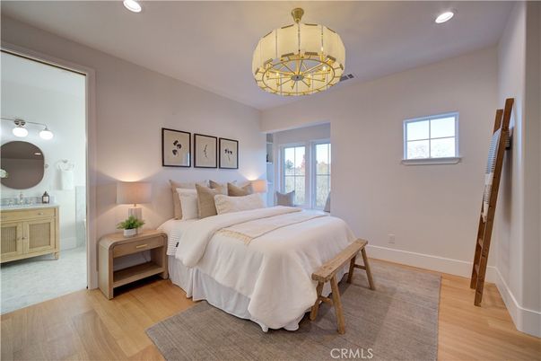 Bedroom, Interior, Pendant Lights, Recessed Lighting, Wood Texture Flooring