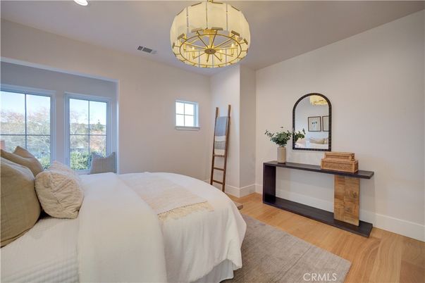 Bedroom, Interior, Pendant Lights, Recessed Lighting, Wood Texture Flooring