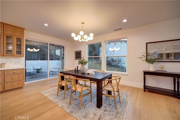 Chandelier, Dining room, Interior, Recessed Lighting, Wood Texture Flooring