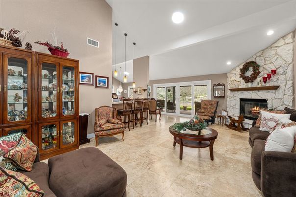 Fireplace, Interior, Living room, Pendant Lights, Recessed Lighting, Stone Walls