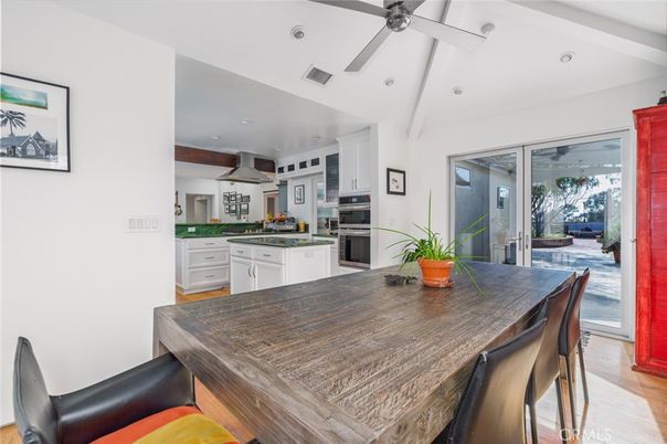 Dining room, Interior, Kitchen, Recessed Lighting, Stainless Steel Appliances, Wood Texture Flooring