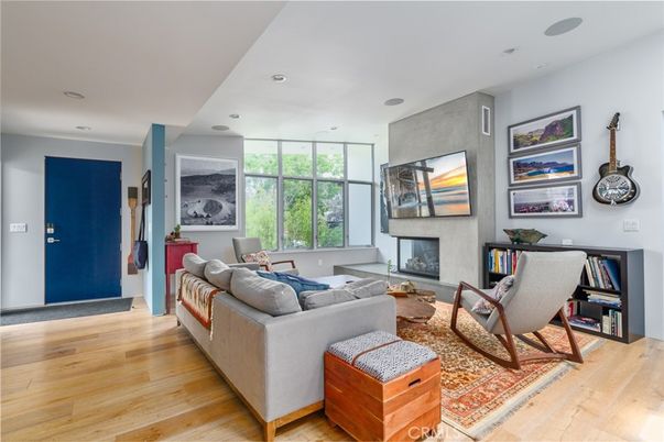 Fireplace, Interior, Living room, Recessed Lighting, Wood Texture Flooring