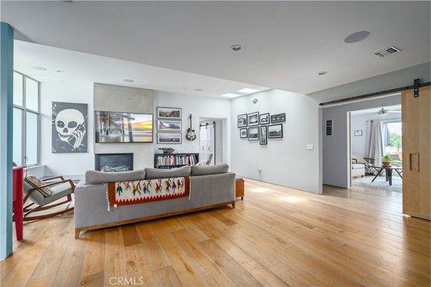 Fireplace, Interior, Living room, Recessed Lighting, Wood Texture Flooring