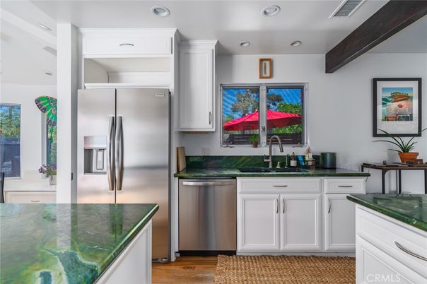 Interior, Kitchen, Recessed Lighting, Stainless Steel Appliances, Wooden Beams, Wood Texture Flooring