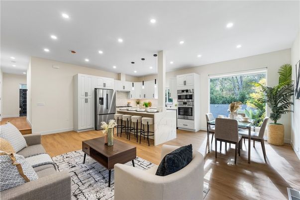 Dining room, Interior, Kitchen, Living room, Pendant Lights, Recessed Lighting, Stainless Steel Appliances, Wood Texture Flooring