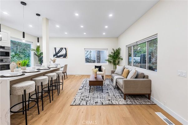 Interior, Kitchen, Living room, Pendant Lights, Recessed Lighting, Stainless Steel Appliances, Wood Texture Flooring
