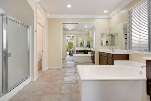 Bathroom, Dual Sink Vanities, Glass Shower, Interior, Recessed Lighting