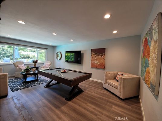 Billiard Table, Game Room, Interior, Living room, Recessed Lighting, Wood Texture Flooring