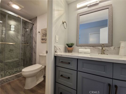 Bathroom, Glass Shower, Interior, Wood Texture Flooring