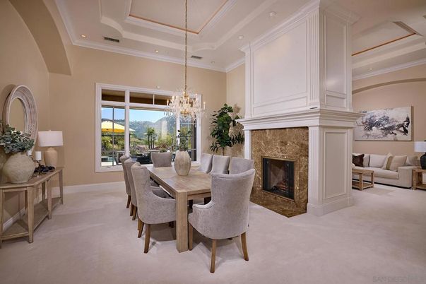 Chandelier, Dining room, Fireplace, Interior, Living room, Recessed Lighting