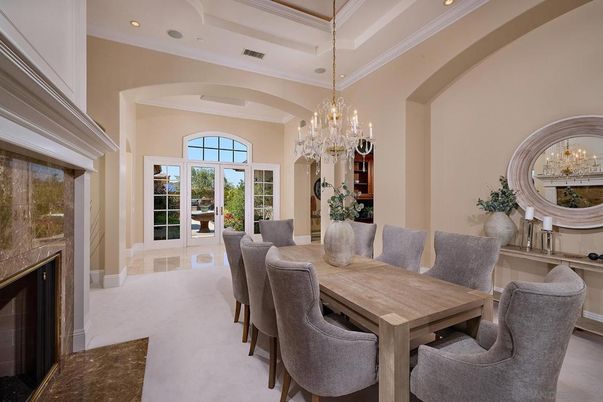 Chandelier, Dining room, Fireplace, Interior, Recessed Lighting