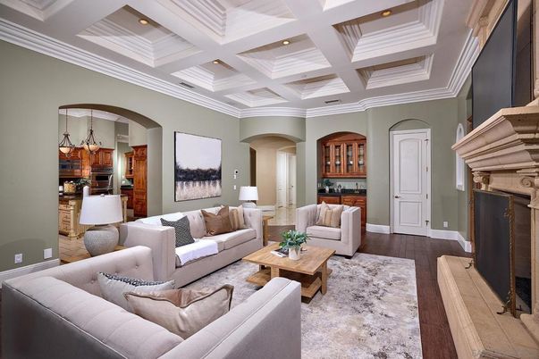 Fireplace, Interior, Kitchen, Living room, Recessed Lighting, Wood Texture Flooring