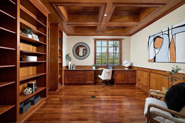 Home Office, Interior, Recessed Lighting, Wooden Beams, Wooden Ceilings, Wood Texture Flooring