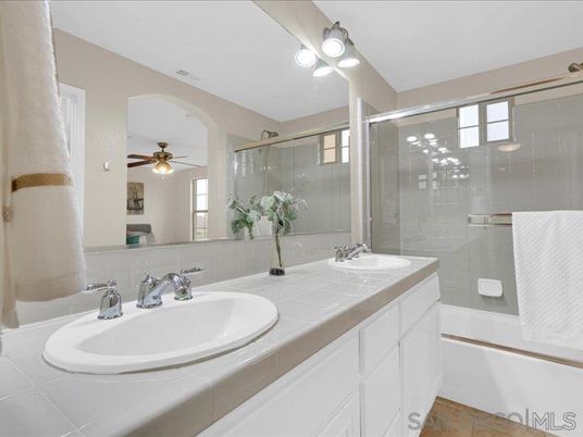 Bathroom, Dual Sink Vanities, Glass Shower, Interior, Tile Countertops