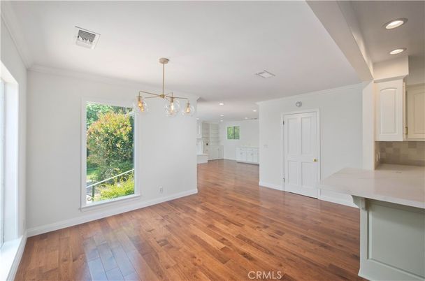 Empty room, Interior, Pendant Lights, Recessed Lighting, Wood Texture Flooring