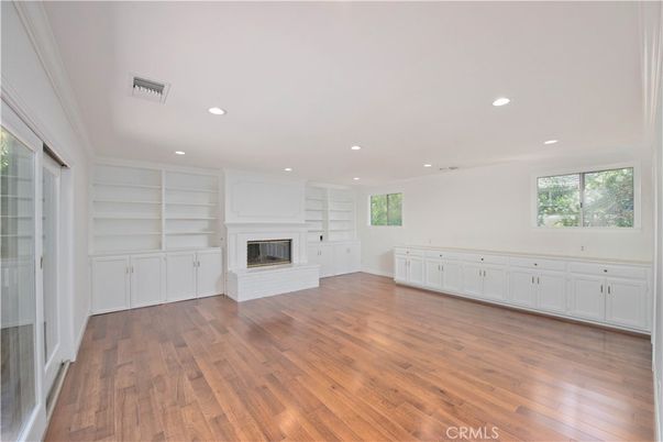 Empty room, Fireplace, Interior, Recessed Lighting, Wood Texture Flooring