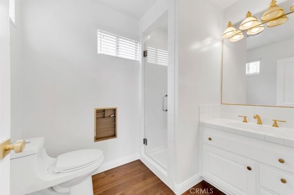 Bathroom, Glass Shower, Interior, Tile Countertops, Wood Texture Flooring