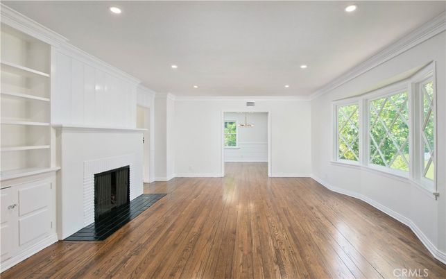 Empty room, Fireplace, Interior, Recessed Lighting, Wood Texture Flooring