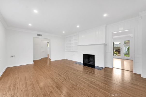 Empty room, Fireplace, Interior, Recessed Lighting, Wood Texture Flooring