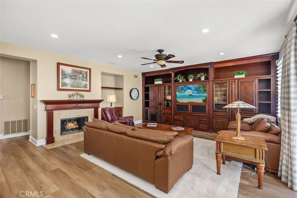 Fireplace, Interior, Living room, Recessed Lighting, Wood Texture Flooring