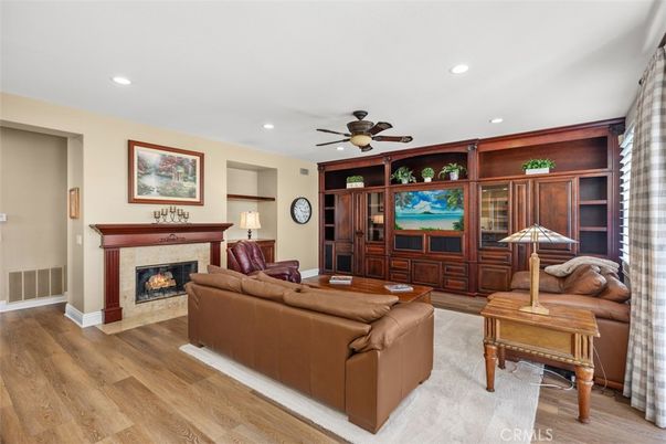Fireplace, Interior, Living room, Recessed Lighting, Wood Texture Flooring