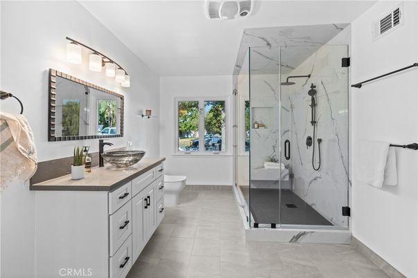 Bathroom, Dual Sink Vanities, Glass Shower, Interior, Marble Walls