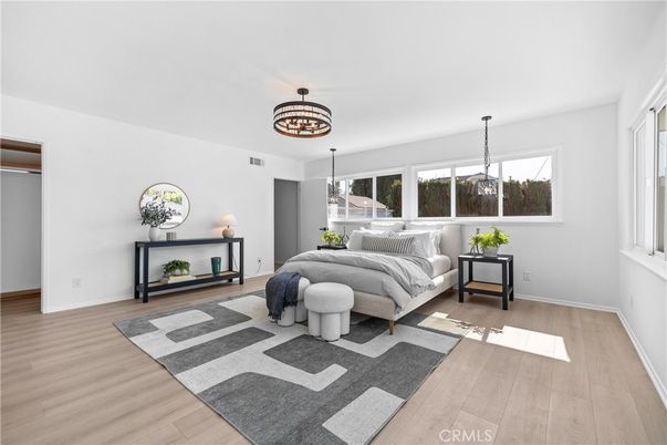 Bedroom, Interior, Pendant Lights, Wood Texture Flooring
