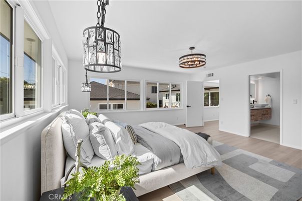 Bedroom, Interior, Pendant Lights, Wood Texture Flooring
