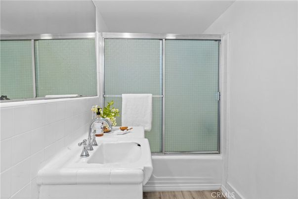 Bathroom, Glass Shower, Interior, Tile Countertops, Wood Texture Flooring