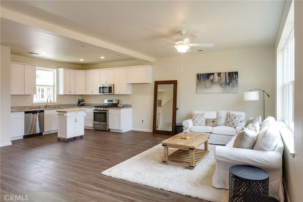 Interior, Kitchen, Living room, Recessed Lighting, Stainless Steel Appliances, Wood Texture Flooring