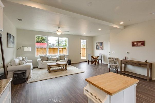 Dining room, Interior, Living room, Recessed Lighting, Wood Texture Flooring
