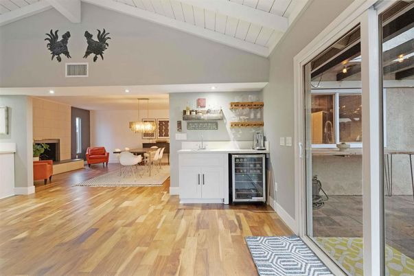 Dining room, Fireplace, Interior, Kitchen, Living room, Pendant Lights, Recessed Lighting, Wood Texture Flooring