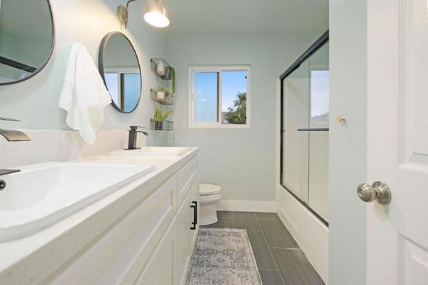Bathroom, Dual Sink Vanities, Glass Shower, Interior, Wood Texture Flooring