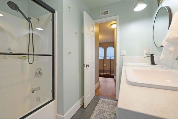 Bathroom, Glass Shower, Interior, Wood Texture Flooring