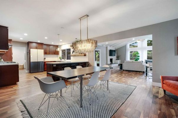 Dining room, Interior, Kitchen, Living room, Pendant Lights, Recessed Lighting, Stainless Steel Appliances, Wood Texture Flooring