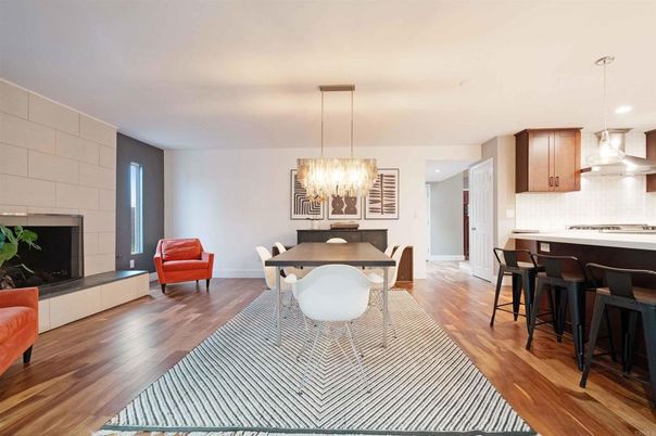 Dining room, Fireplace, Interior, Kitchen, Pendant Lights, Recessed Lighting, Wood Texture Flooring