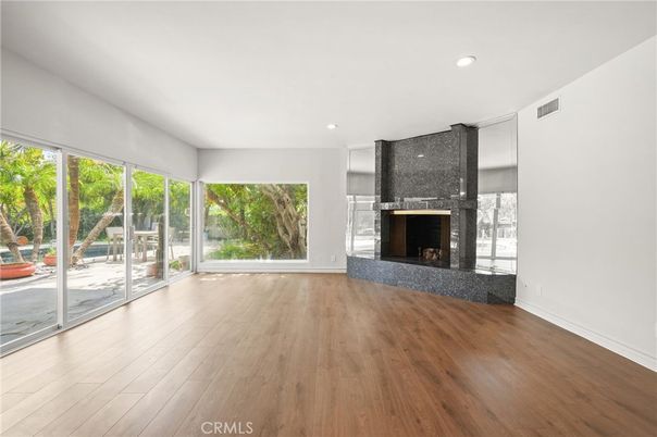 Empty room, Fireplace, Interior, Recessed Lighting, Wood Texture Flooring