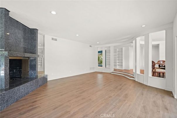Empty room, Fireplace, Interior, Recessed Lighting, Wood Texture Flooring
