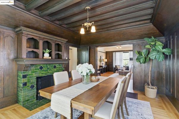 Dining room, Fireplace, Interior, Pendant Lights, Wooden Beams, Wooden Ceilings, Wood Texture Flooring