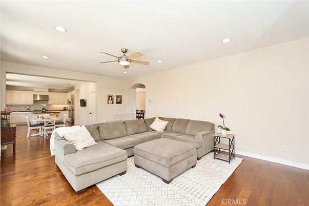 Dining room, Interior, Kitchen, Living room, Recessed Lighting, Stainless Steel Appliances, Wood Texture Flooring