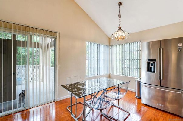 Dining room, Interior, Kitchen, Pendant Lights, Stainless Steel Appliances, Wood Texture Flooring
